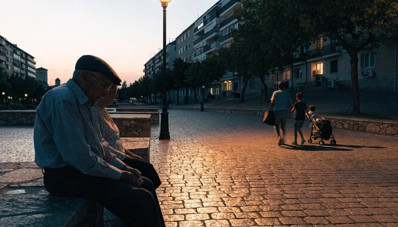Aspecto del Gran Vía de Bilbao al atardecer, con aceras y farolas encendidas