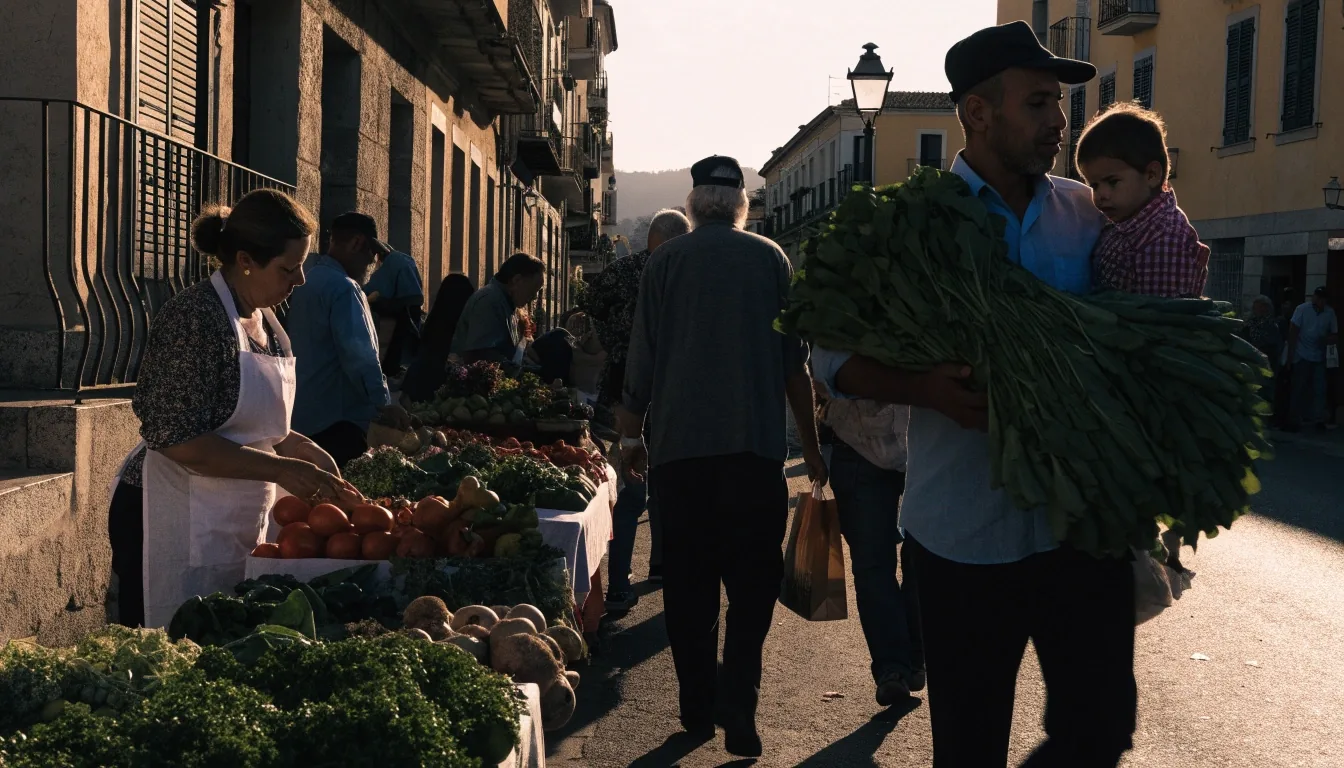 Vecinos de distintas procedencias paseando junto a un mercado de barrio en una localidad costera española al atardecer