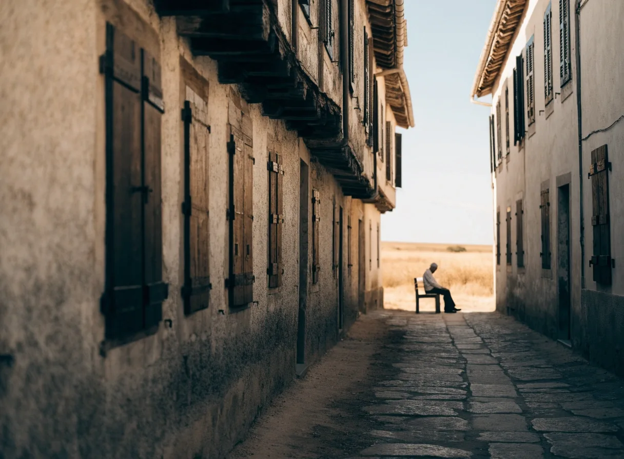 Calle de un pueblo del interior de España con fachadas de piedra y un hombre mayor sentado en un banco