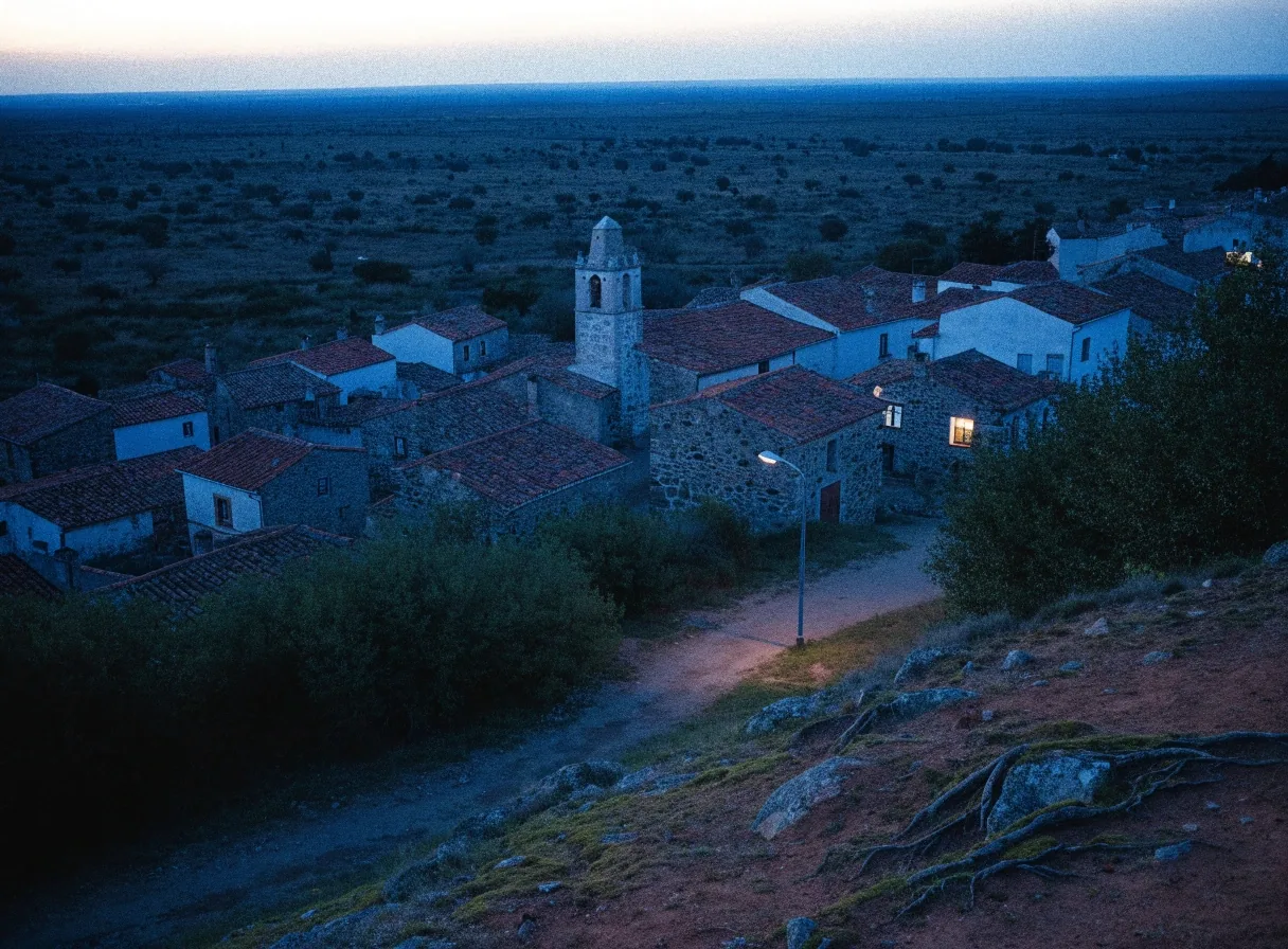 Vista elevada de una ciudad española al anochecer con tejados y colinas al fondo