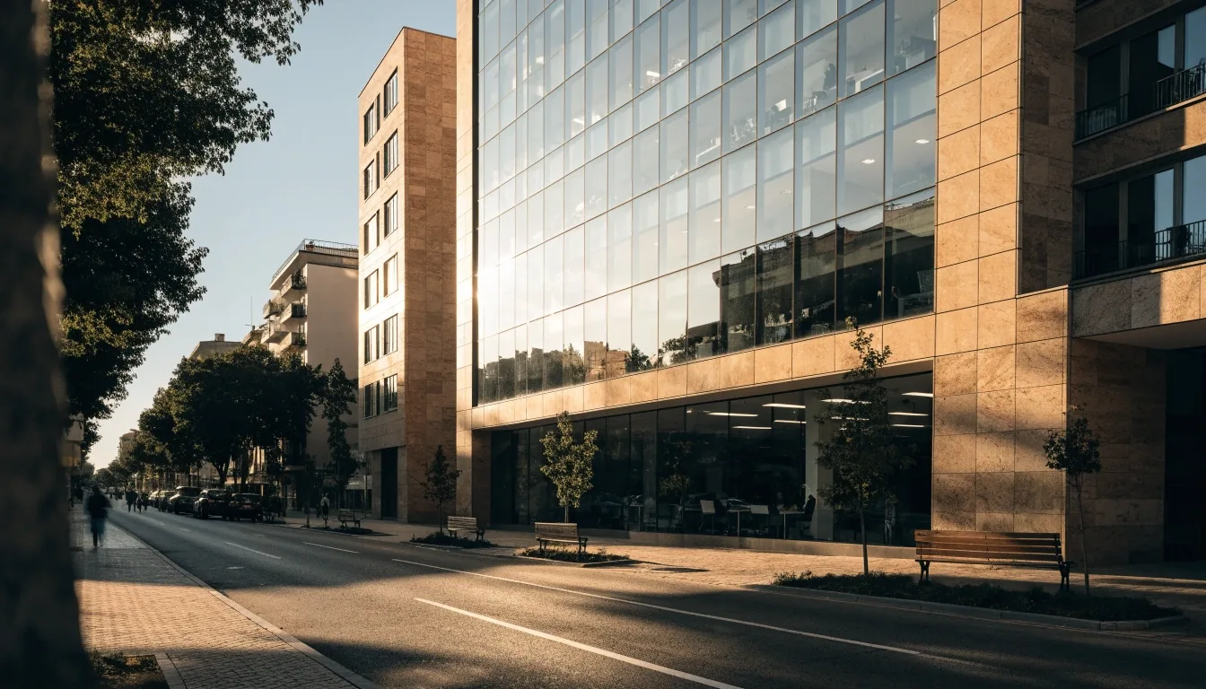Edificio de oficinas en una calle amplia de Bilbao al atardecer con peatones al fondo