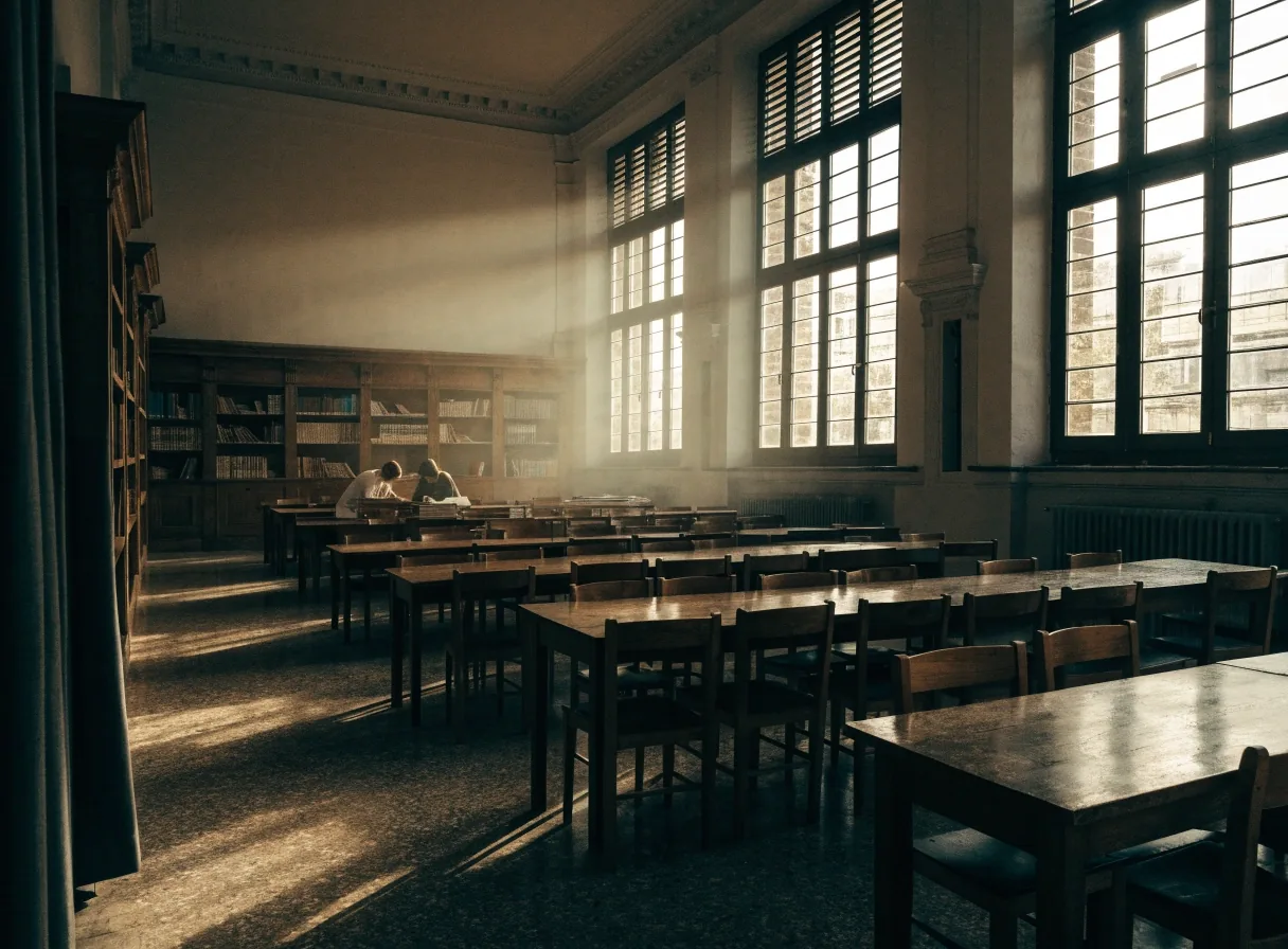 Sala de lectura municipal con mesas largas y luz de tarde, personas comparando series impresas